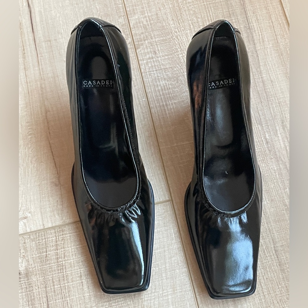 Casadei black modern leather square toe heels